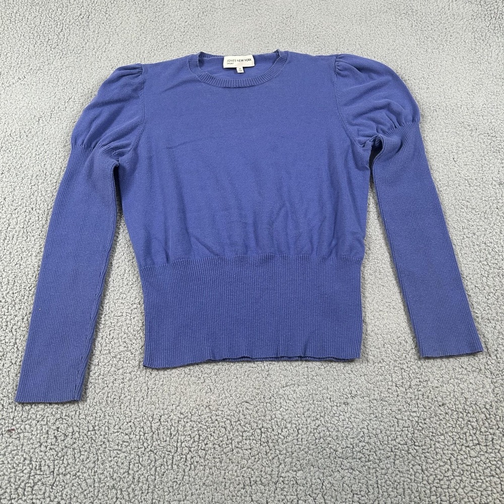 Jones New York Sport Sweater Womens Medium Blue Puff Sleeve Ribbed Knit Pullover